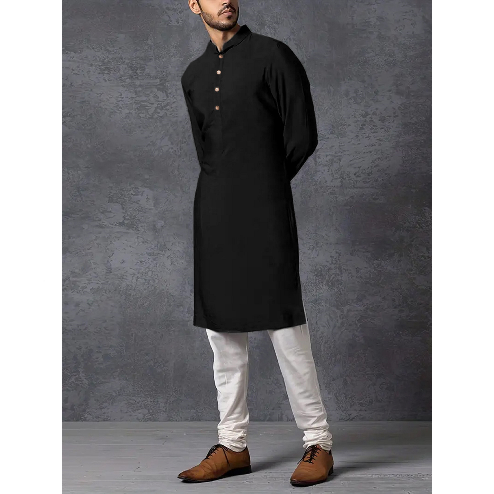 Autumn new mens solid color long sleeved casual slim fit business stand collar cotton Arabic style robe