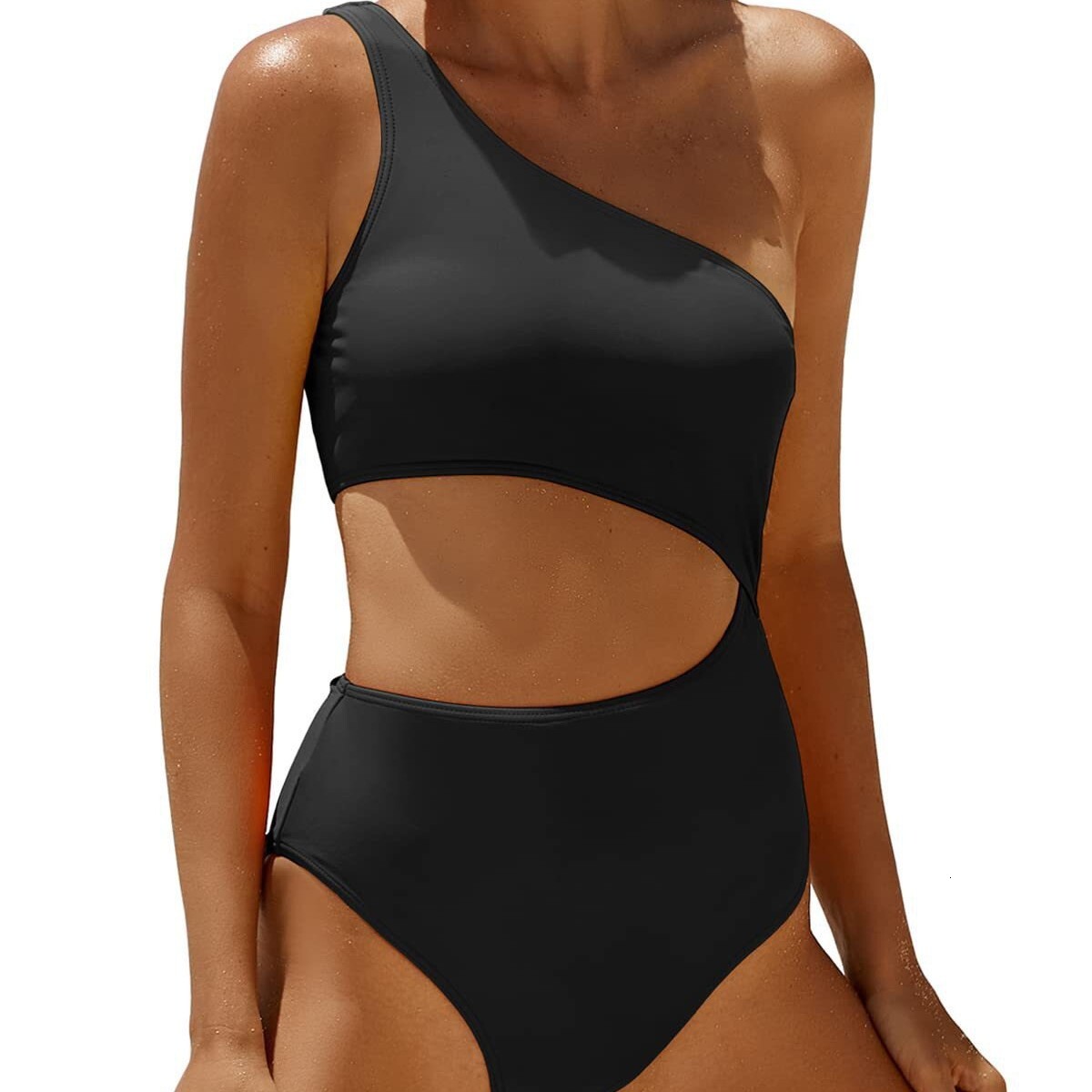 2025 new one-piece women's solid color single shoulder hollow sexy contrasting swimsuit