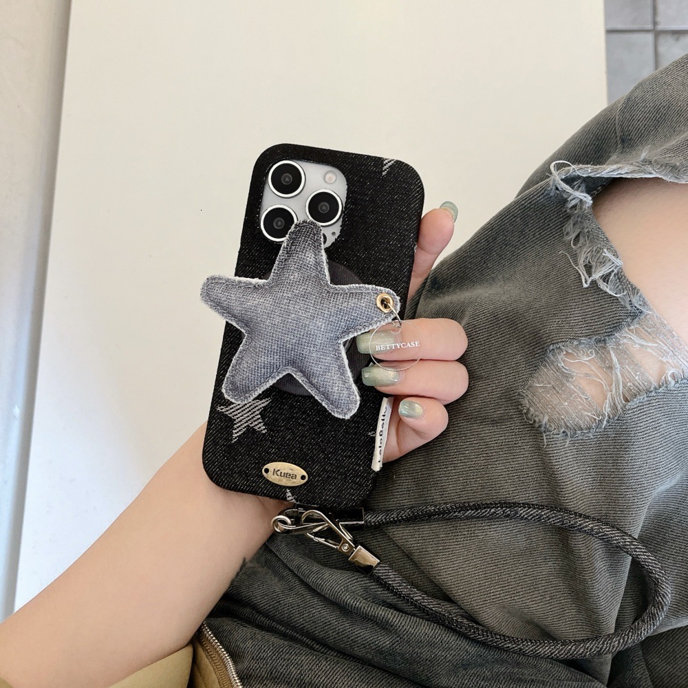 Denim Magnetic Star Stand Phone Case Compatible with iPhone 17/16 Pro Max Solid Color Lanyard Case iPhone 15/14 Pro