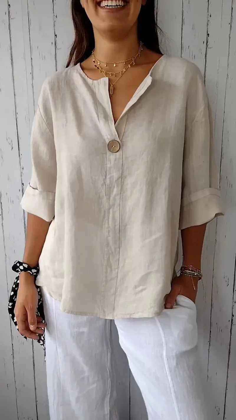 Summer Loose T-shirt Womens V-neck Cotton Linen Button Top 250402