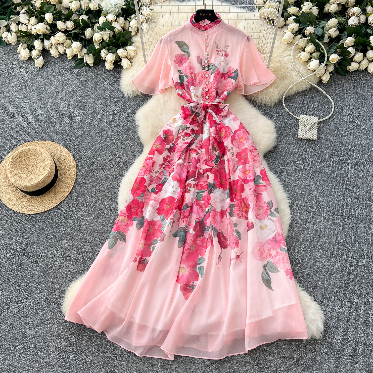 Basic Casual Dresses Summer Ruffles Chiffon Holiday Chiffon Dress Women's Stand Batwing Sleeve Gorgeous Floral Print Lace Up Belt Long Party Vest