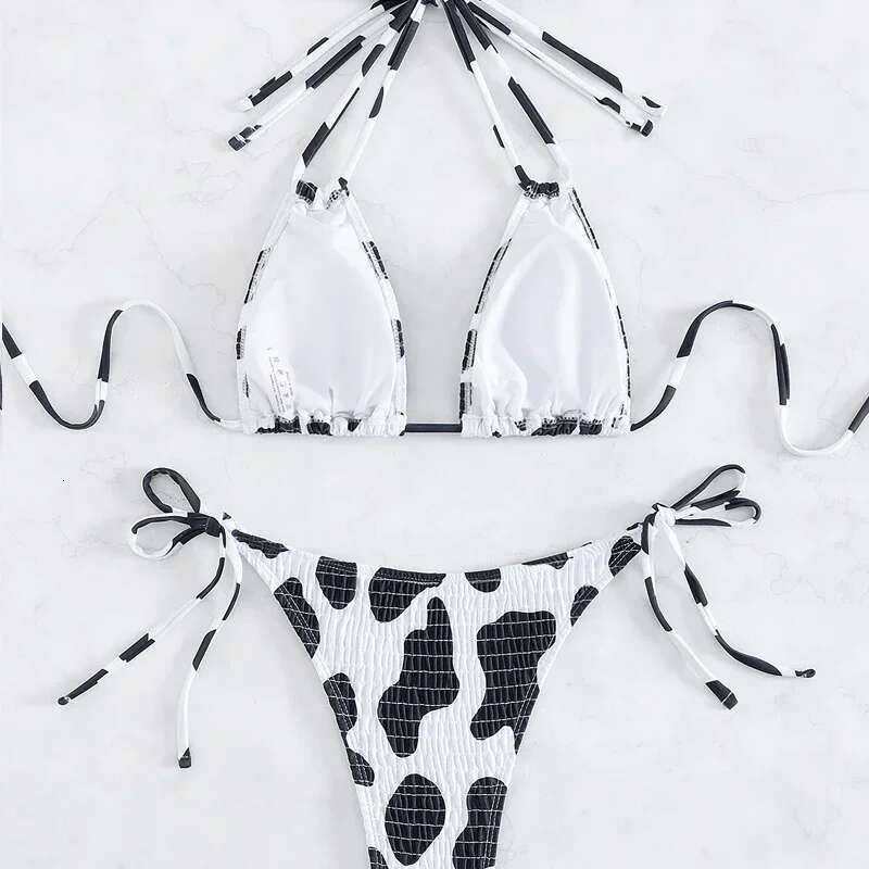 New Cow Print 2-piece Swimsuit Foe Women 2025 New,sexy Low Waist Lace-up Thong Bikini,suspender Hollow Out Bathing Suit