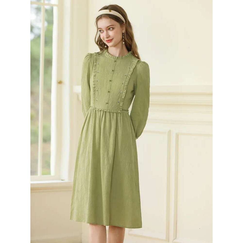 Green Women Dresses Autumn New French Elegant Puff Sleeve Cotton High Waist A-E Female Dress