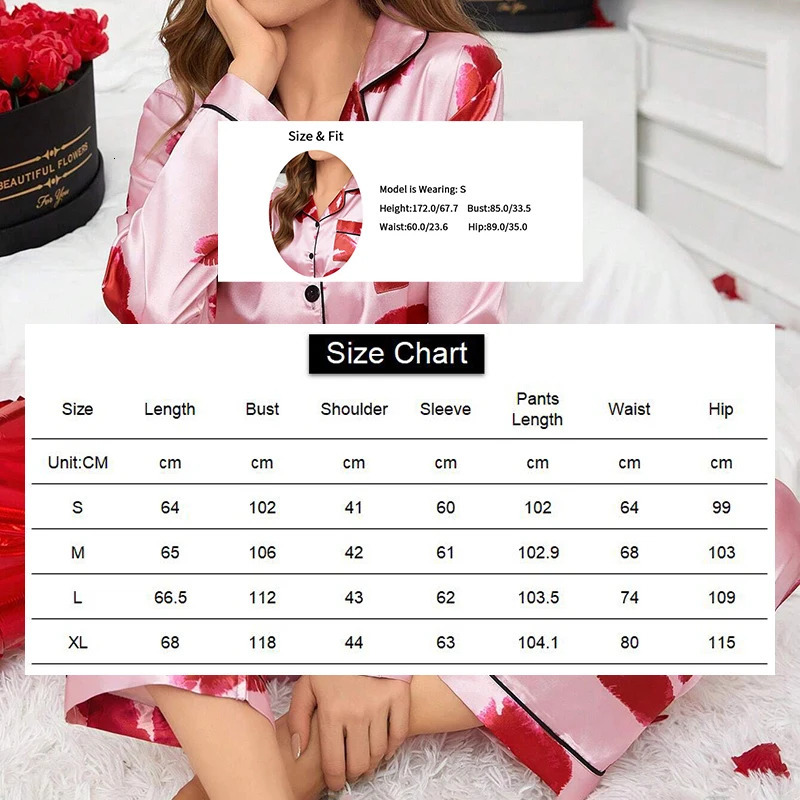 Red Lip Print Satin Pajama Set Autumn Casual Long Sleeve Button Up Lapel Collar Top Pants Sleepwear Loungewear Pyjama Femme 250402