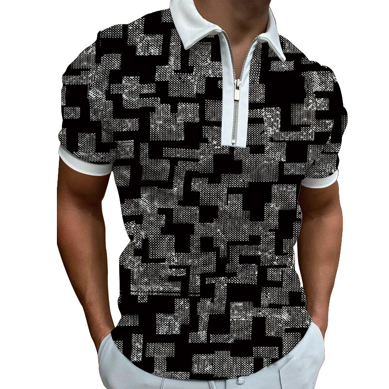 Spring mens printed fashionable casual fashion polyester short sleeved zipper polo shirt mens T-shirt