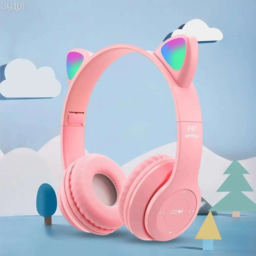 Gradient Cartoon Flash Light Kids Children Headphone Voice Control Bluetooth-Compatible Pink Little Girl Earphone Gift