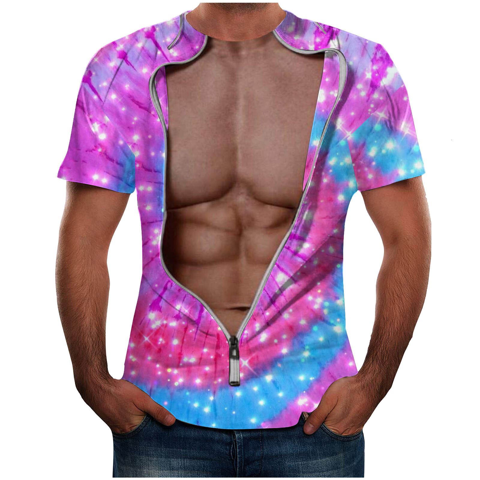 20243D printed mens short sleeved T-shirt spoof fake shirt 3D digital printed fun mens T-shirt