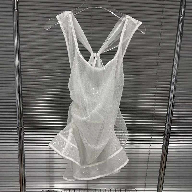 Fashion Women's Transparent Sequined Lace Vest Versatile Outwear Casual Square Collar Tank Tops Female Trendy New 11A03700