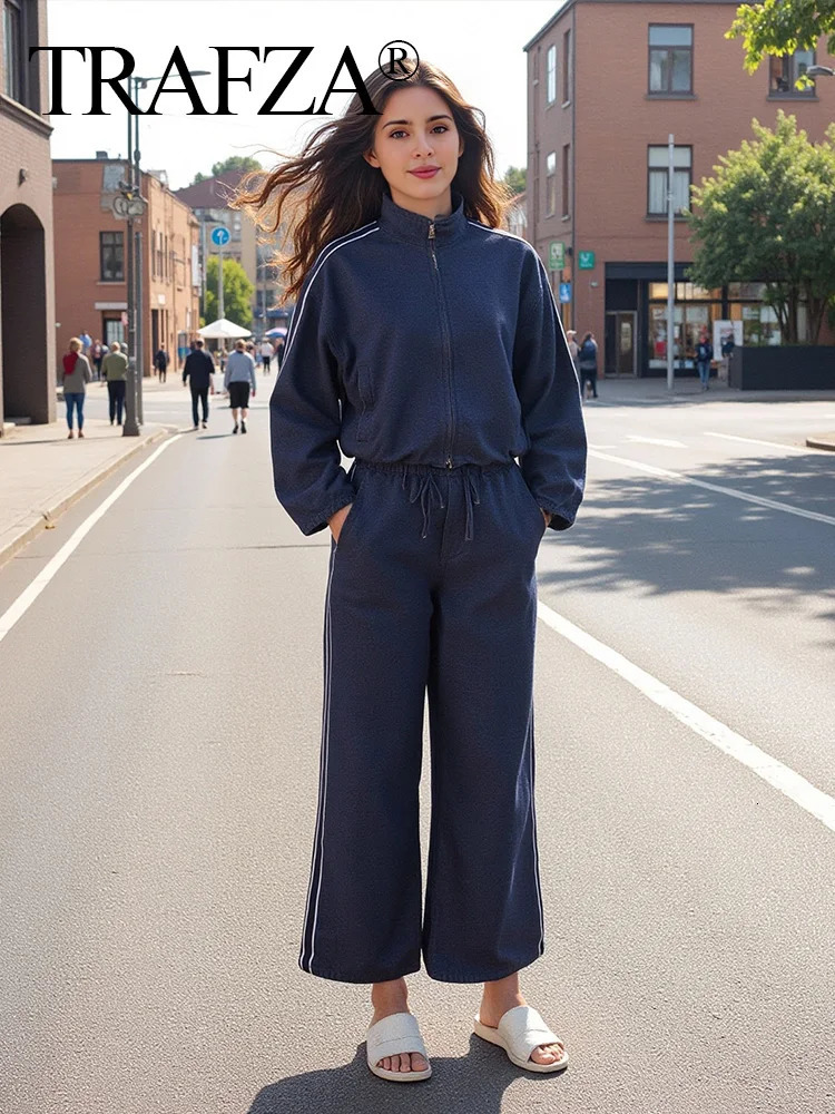 TRAFZA Womens Casual Denim Jacket Trouser Set Splicing Work Striped JacketLoose Elastic Waist Wide Leg Jeans 250403