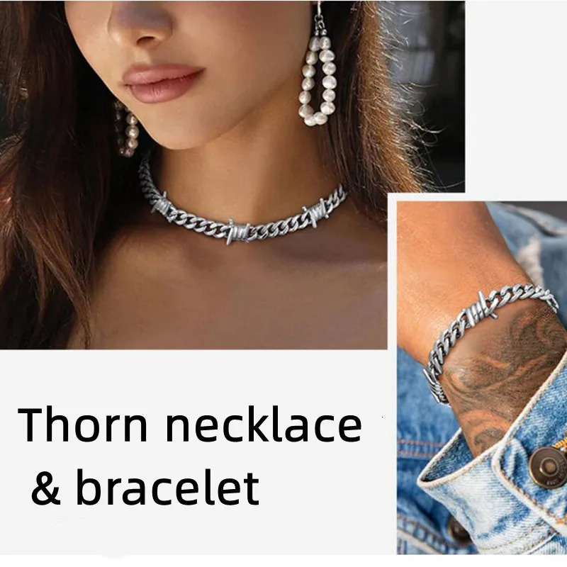 Unique Cuban Link Chain Thorns Choker Necklace Punk Gothic Stainless Steel Heavy Thick Barbed Wire Necklace for Men Women 50CM 251103