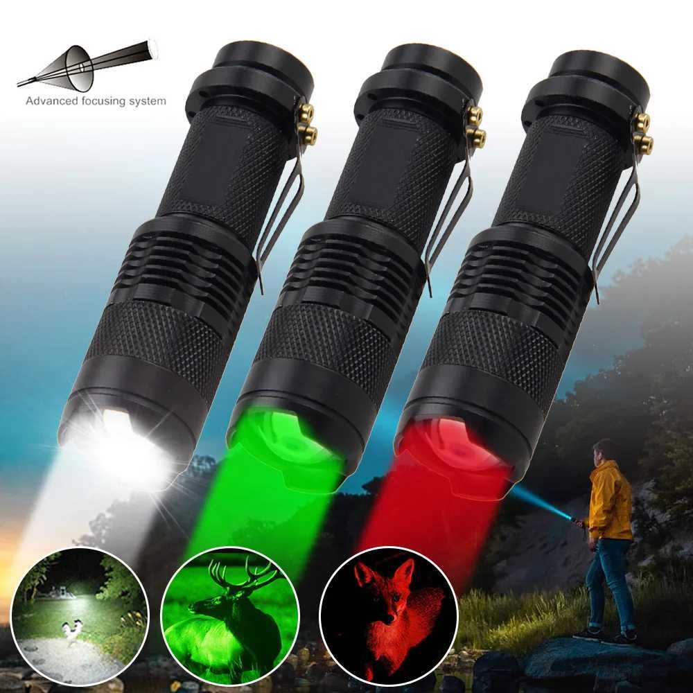 Mini SK68 Zoomable Flashlight Green/Red/365NM XPE LED Waterproof Torch Lamp AA/14500 Powered Clip Pen Light Lamp 3 Modes LanternW251106