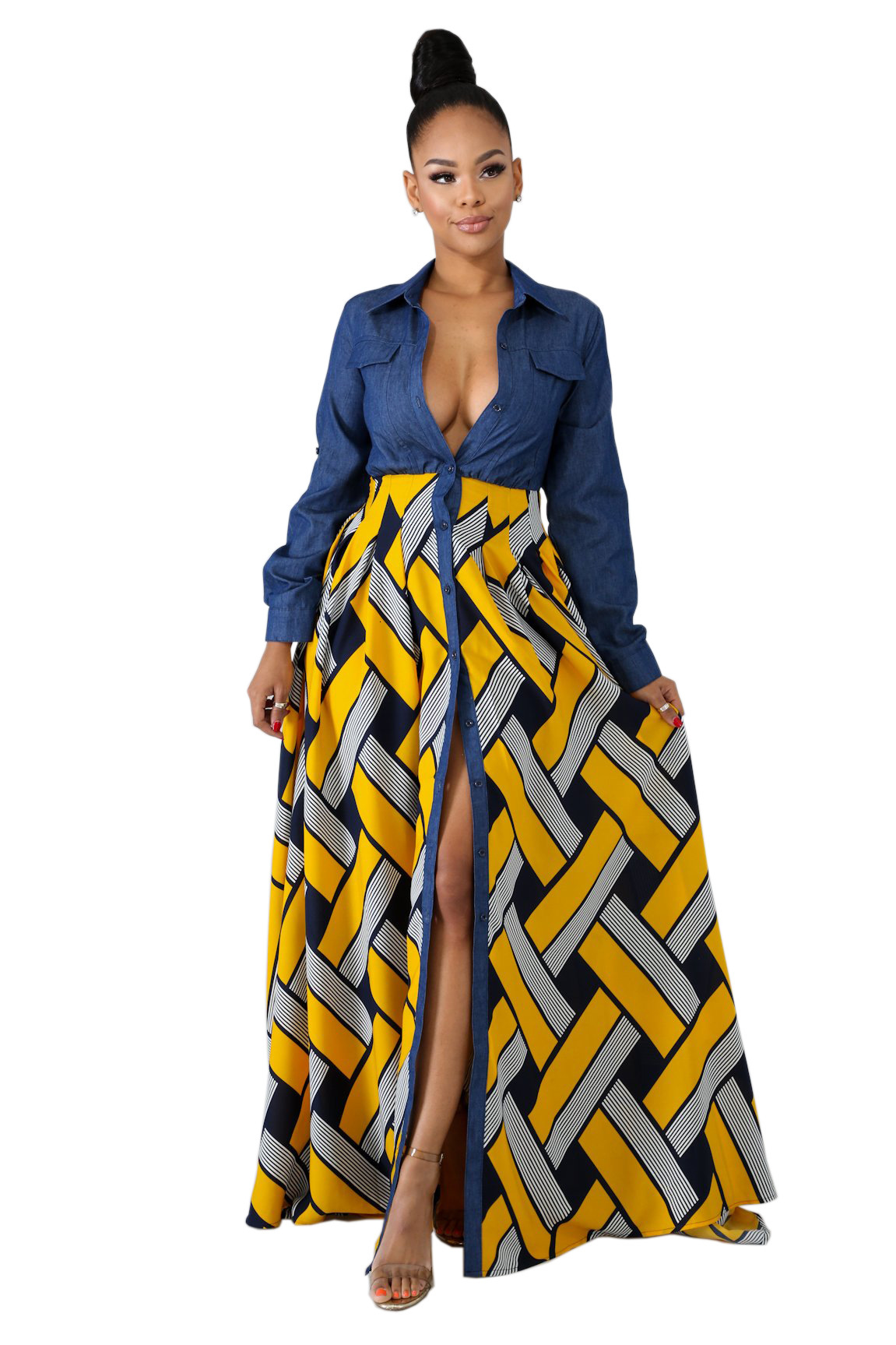 2025 New Womens Dress Denim Woven Striped Printed Large Swing Long Skirt