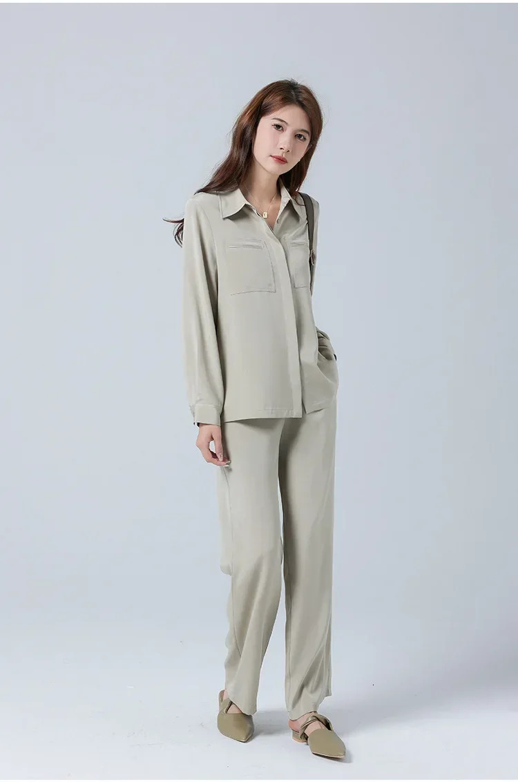 Heavy duty Womens Silk Shirt Pants Set Simple Mulberry Long Sleeve Two Piece Coat 250403