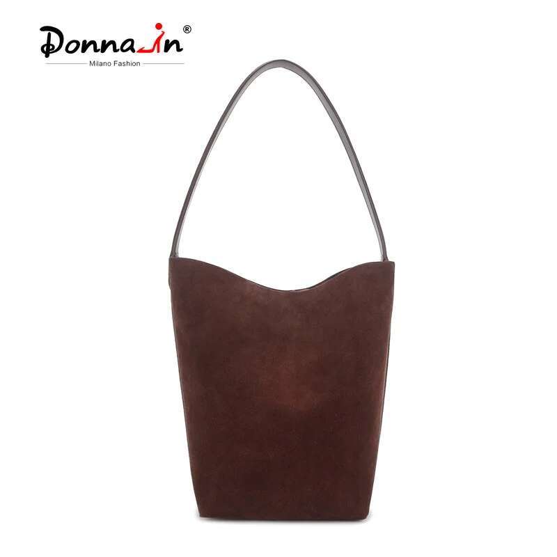 Donna-In Suede Tote Bag Genuine Cow Leather Casual Shoulder Bucket Bags For Women Middle Size 27Cm Coffee