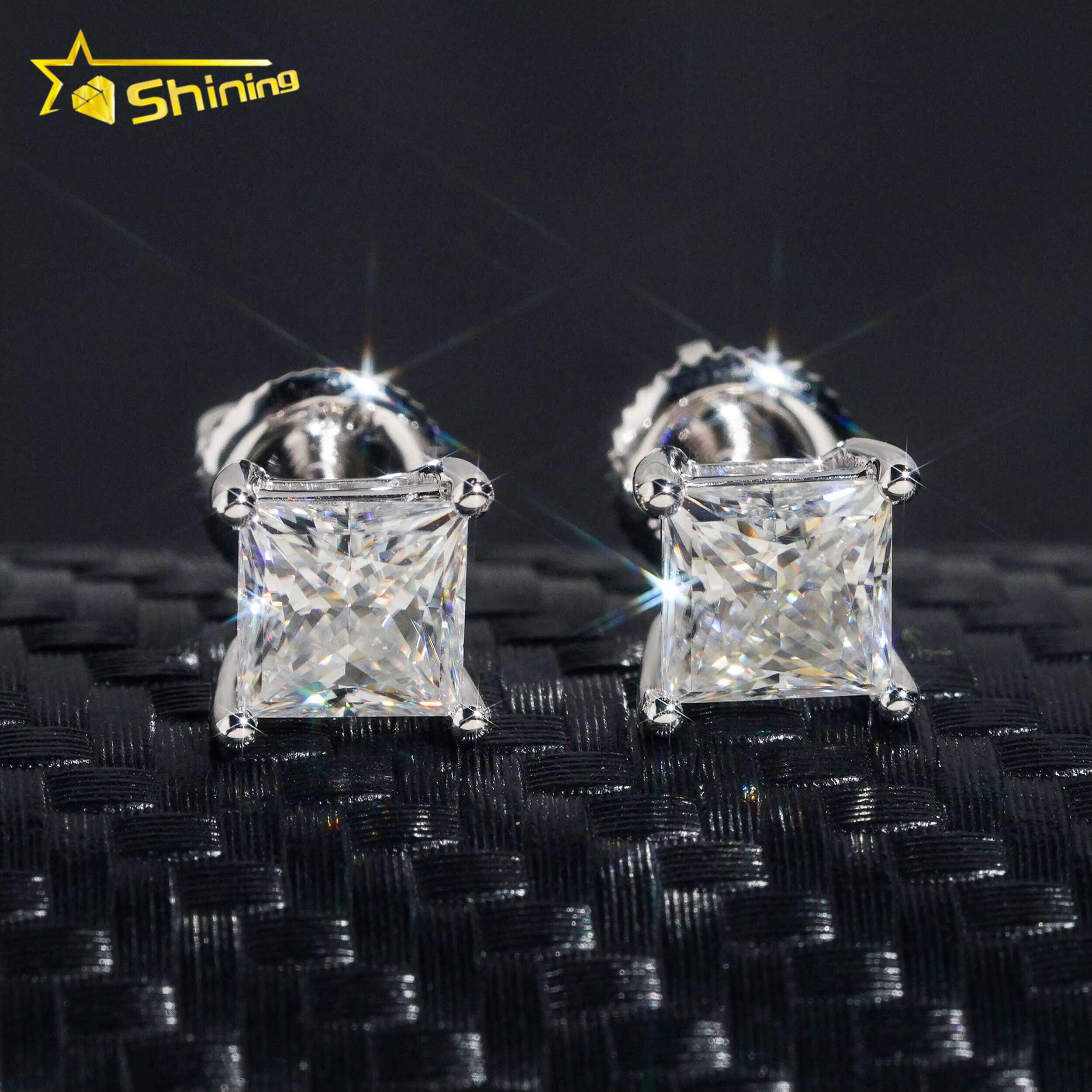 Dropshipping Real Jewelry 10k Solid Gold Princess Cut Moissanite Screw Back Stud Earring