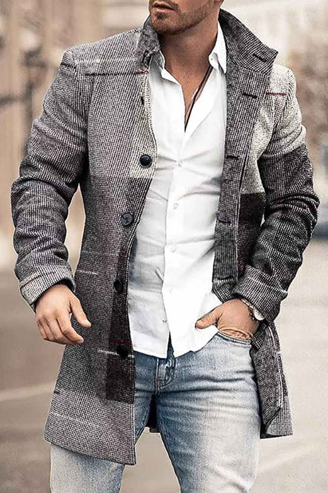 New mens 3D printed woolen stand up collar mid length casual pocket coat jacket