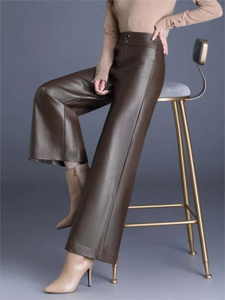 High Quality Women PU Wed Leg Autumn Winter Fashion Warm Long Leather Pants Elegant Leathertrousers