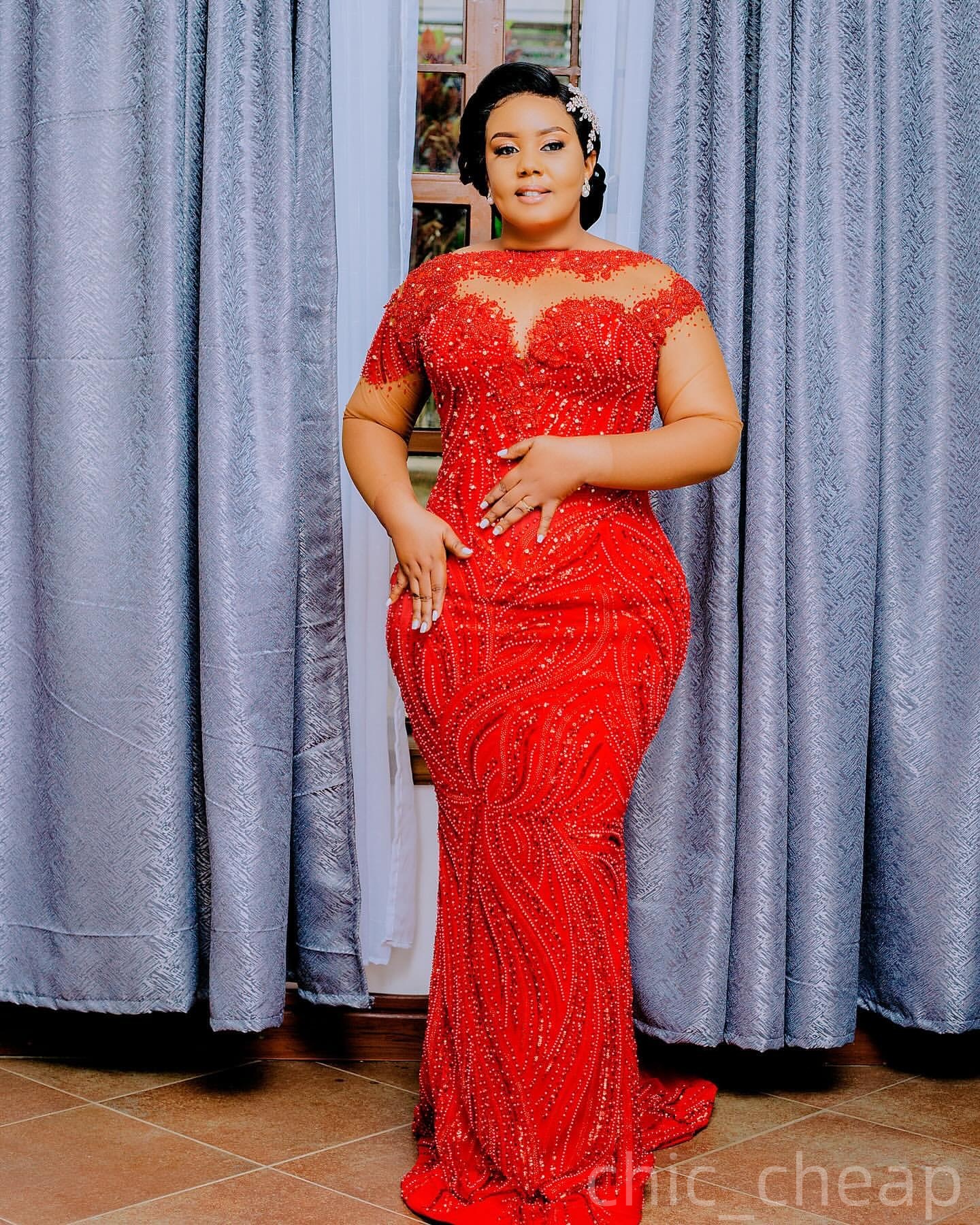 Red Mermaid Prom Dresses 2026 Beaded Crystals Sheer neck Sequined Evening Formal Party Second Birthday Engagement Gowns Plus Size Dress For Special Oc