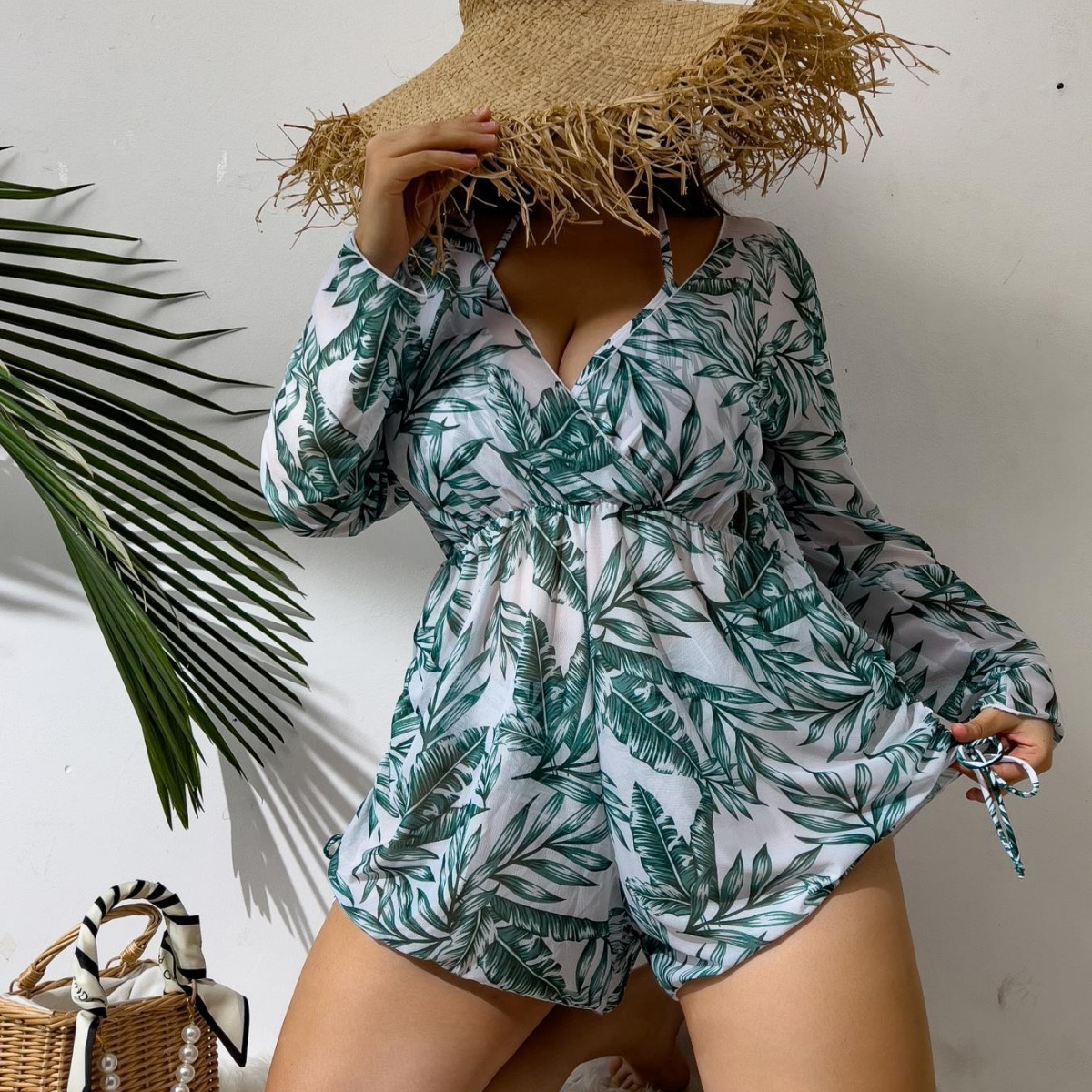 Large size multi-color printed long sleeved jumpsuit with mesh cover, sexy bikini fat woman three piece set women's swimsuit