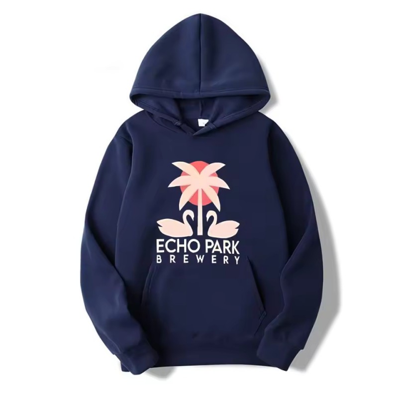 Echo Park Brewery Graphic Hoodie: Mens Unisex Sweater with Purple Palm Tree & Swan Design