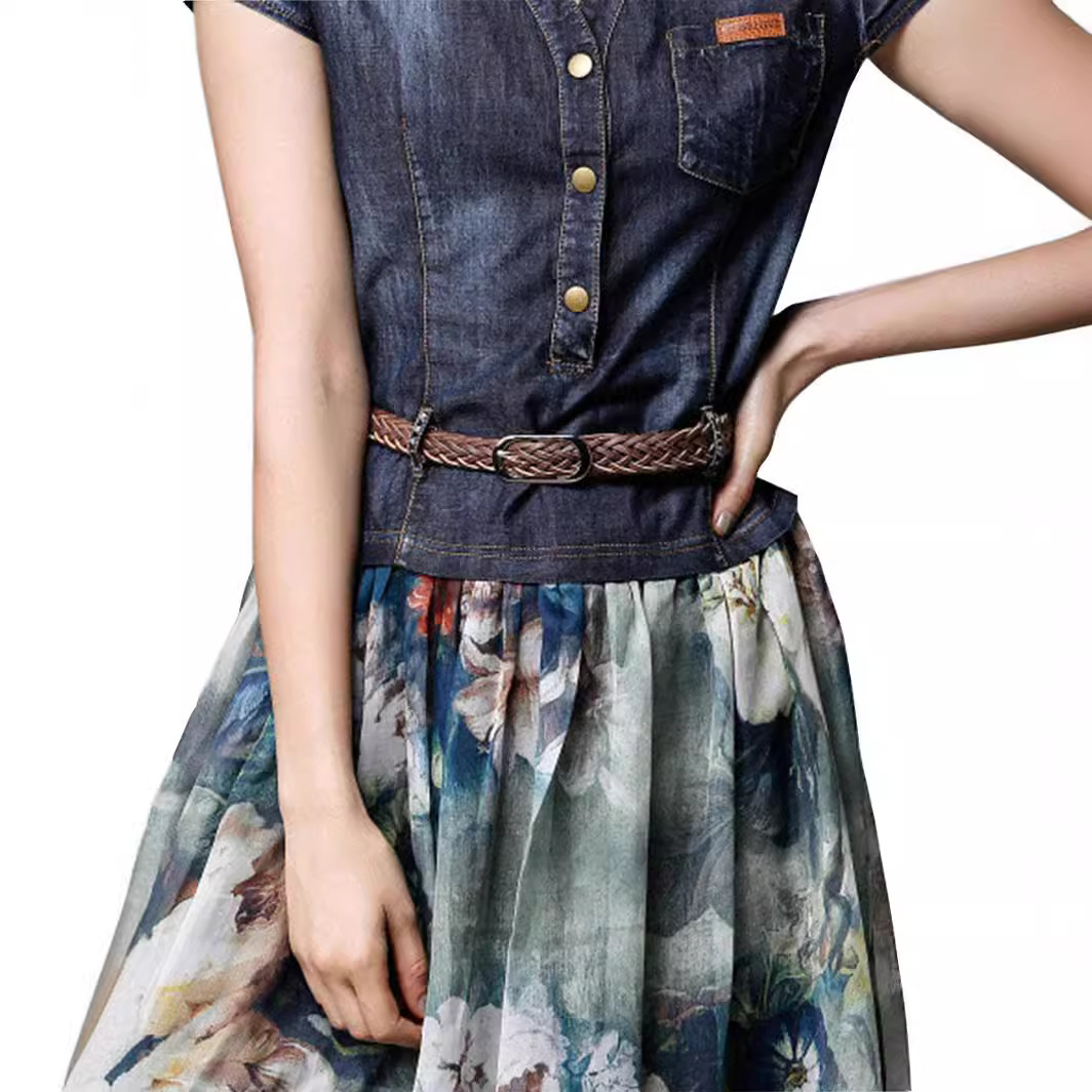 2025 Summer New Womens Dress Denim Print V-neck Slim Fit and Slimming Mid Length Skirt