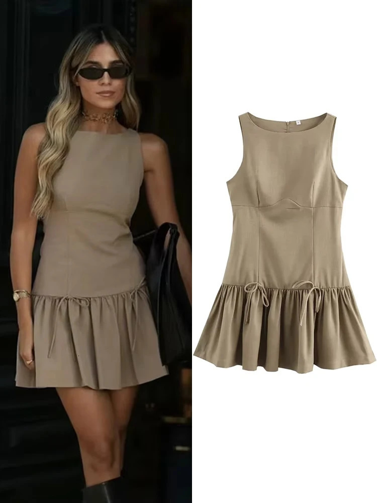 Fashionable Y2K butterfly pleated mini dress for women elegant sleeveless O-neck short skirt for women A-line high waisted evening gown 250402