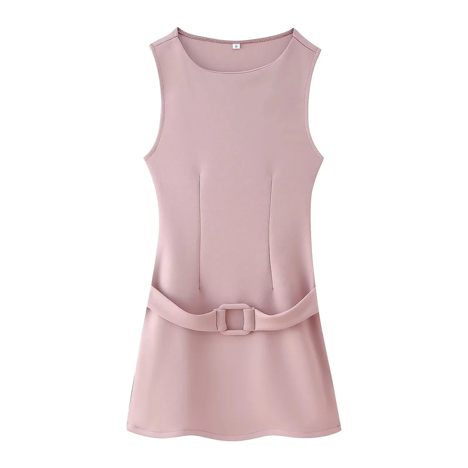 Summer chic womens solid Oring waistband sleeveless straight vest fashionable office ladies elegant mini dress 250403