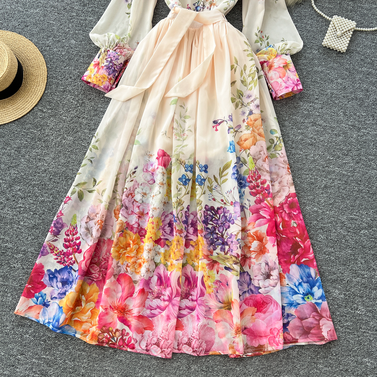 Two Piece Dress Summer Holiday Chiffon Gorgeous Flower 2 Piece Set Women Long Lantern Sleeve Shirt Blouse and High Waist A-Line Long Skirt Suit 2025