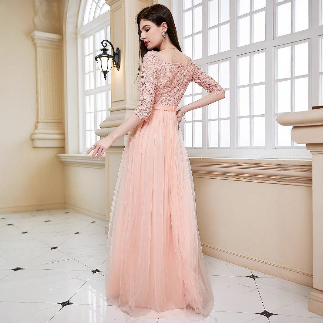 New Solid Color Off-Shoulder Slim Elegant Long Mesh V-Neck Evening Dress 250829