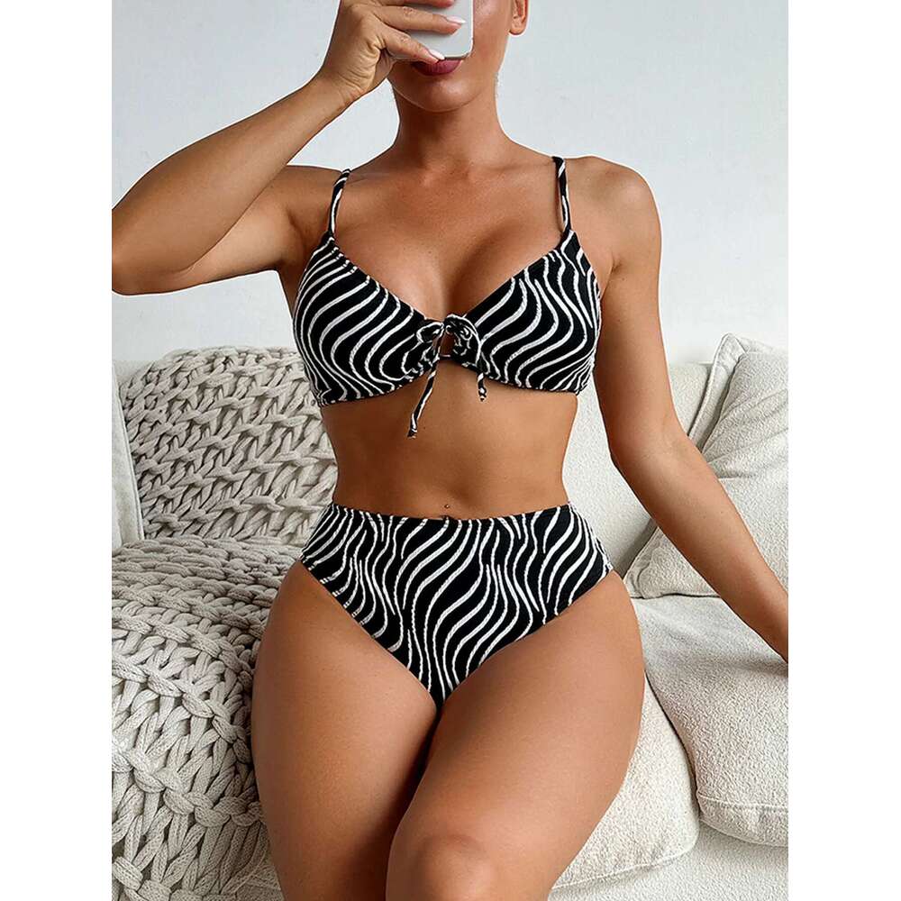 2025 New Women's Bikini Set Stripe Print 2 Pice Swimsuit Drawstring Lace-up V Neck Suspender Backless Beach Vacation Swimwear