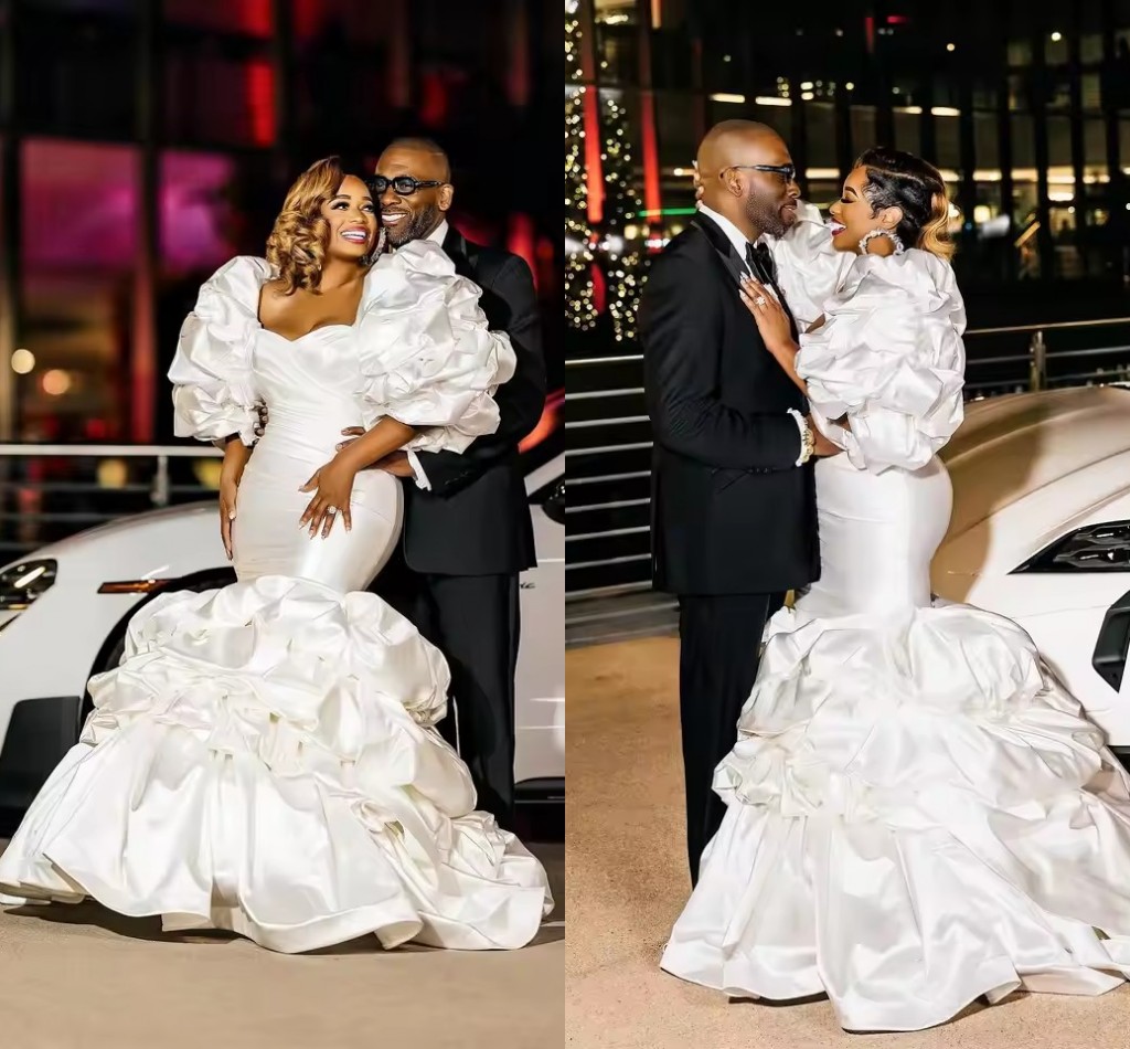 Customized Exaggerated Puffy Long Sleeves Mermaid Wedding Dress For African Women Modern Ivory Satin Ruched Skirt Slim and Flare Plus Size Vestidos De Novia LG0607