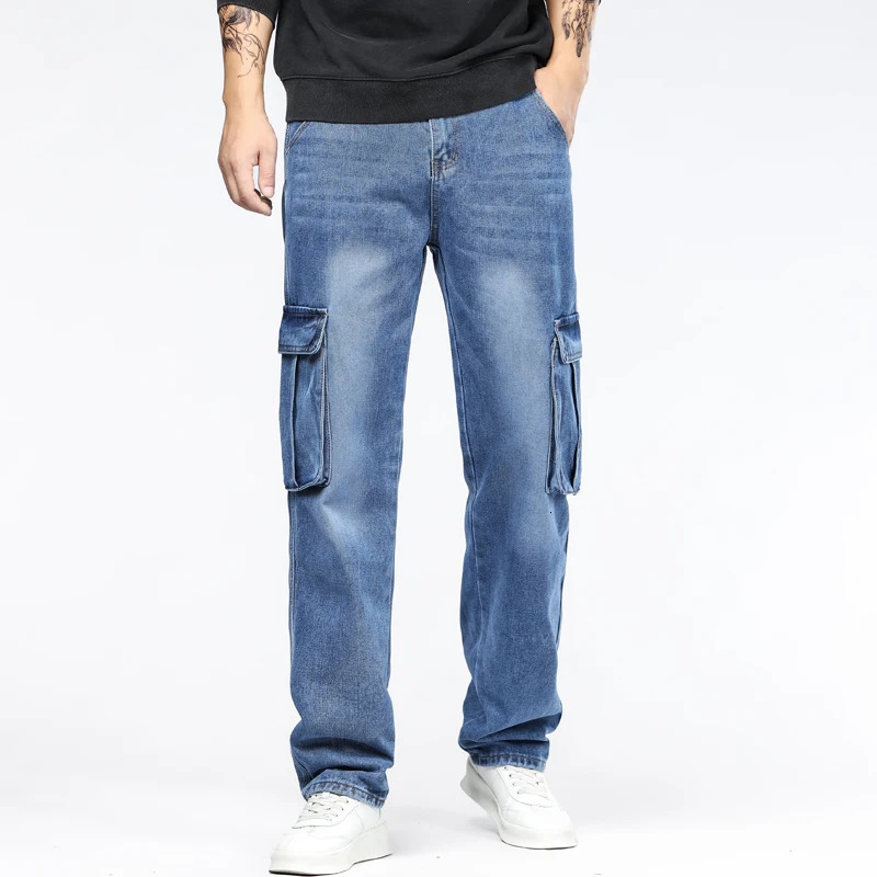 Blue pocket workwear jeans mens four season mid waist loose straight tube non elastic wear-resistant jeans 250402
