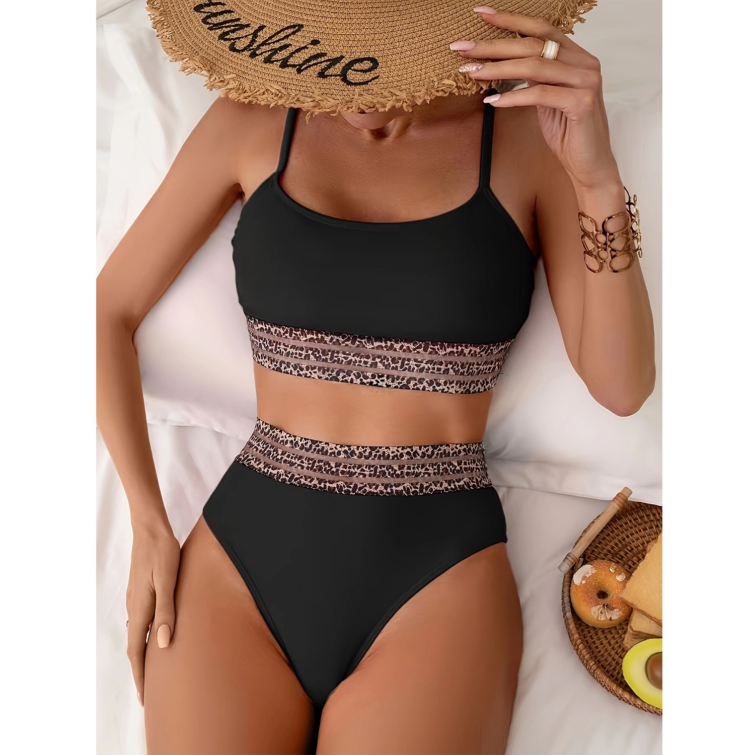 2025 split triangle pants with adjustable shoulder straps, black sexy bikini women, beach hot spring swimsuit for women