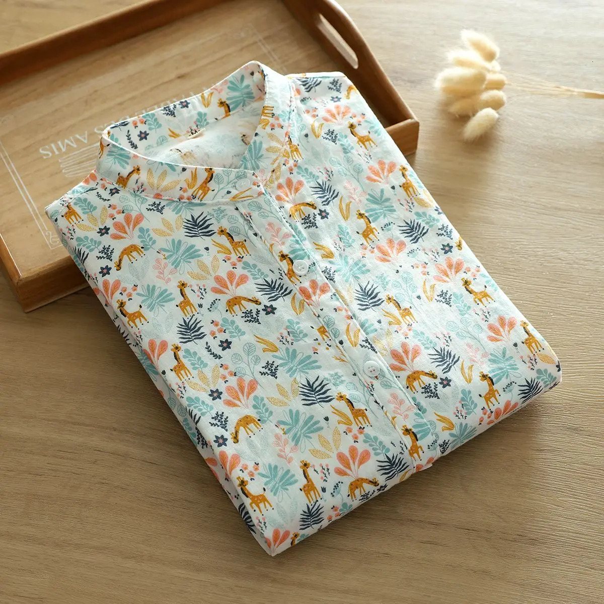 Double-layer Cotton Tulle Long-sleeved Shirt for Women Fresh Printed Small Stand Collar Soft Breathable Top 250402