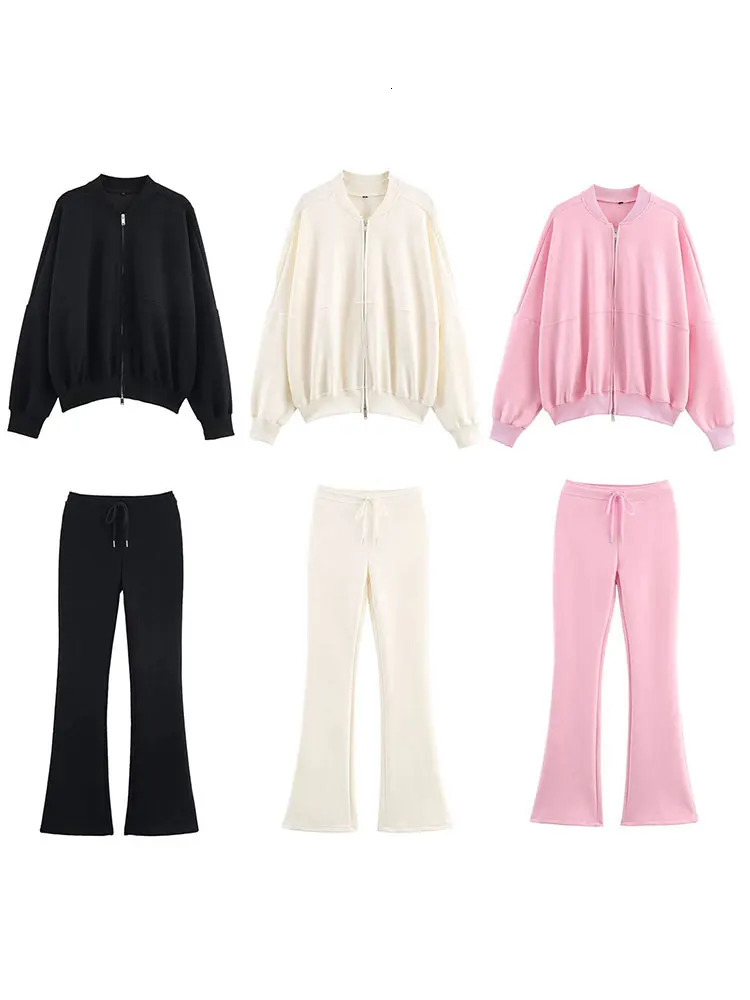 HH Women Casual Solid Coat Flared Pants Suits Long Sleeve Zipper Bomber Jackets 2025 Fashion Lady Chic Outfit 2 Piece Set 251105