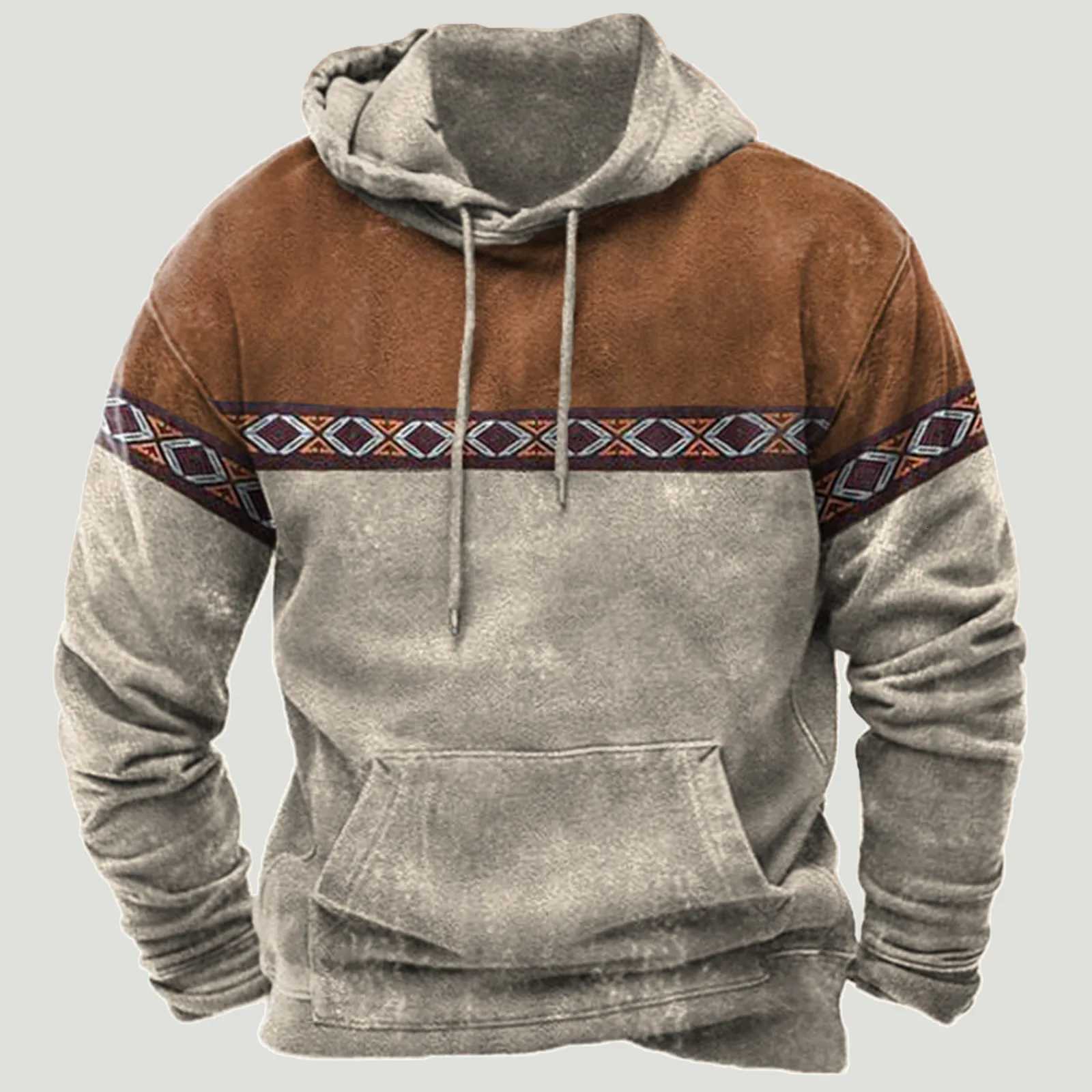 2026 Ethnic Hoodies Mens Clothing Style Patchwork Autumn Winter Fashion Casual Hooded Sweatshirts Drawstring Sweatershirt W251106
