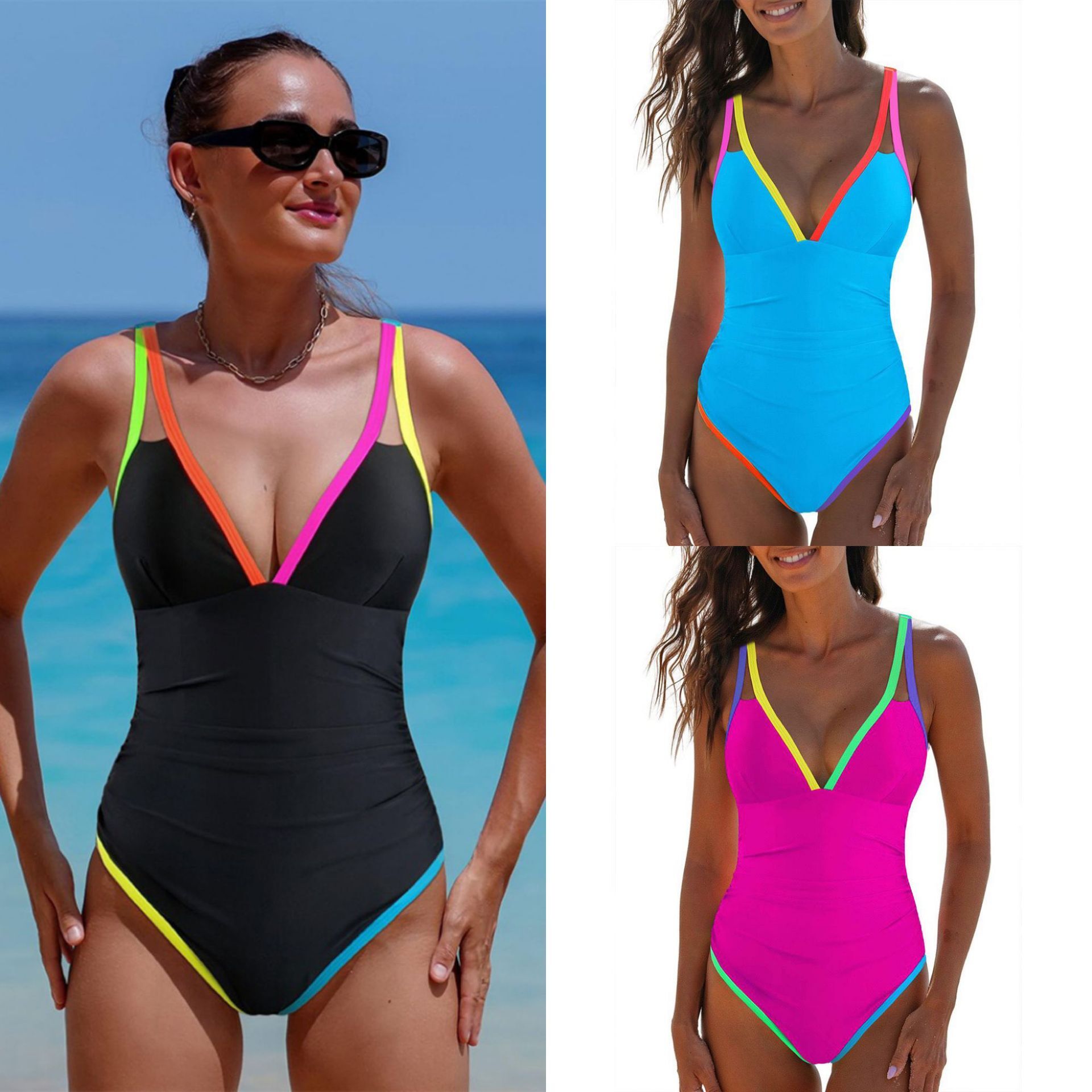 New minimalist solid color bikini swimsuit, women's suspender one-piece tight and sexy backless swimsuit