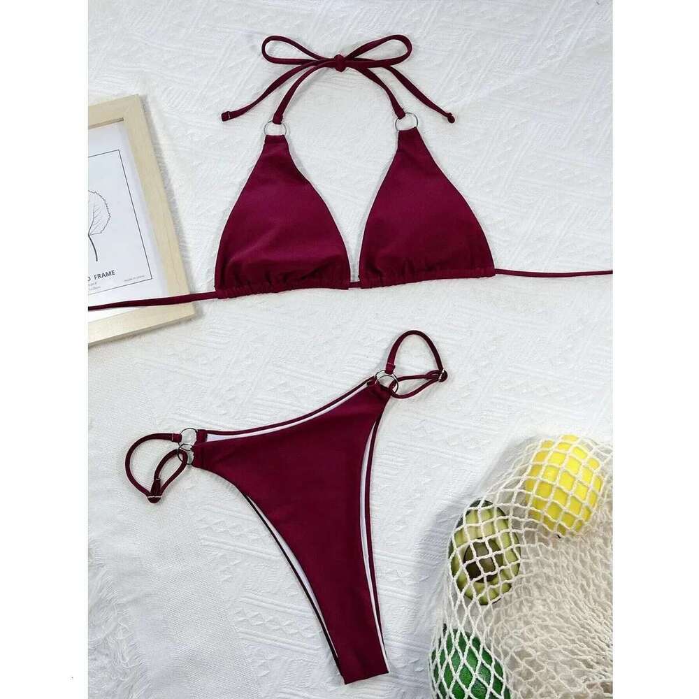 2025 Solid Color Swimsuit Women 2 Piece Bikini Sexy Triangle Cup Halter Lace-up Backless Bathing Suit Low Waist Summer Beachwear