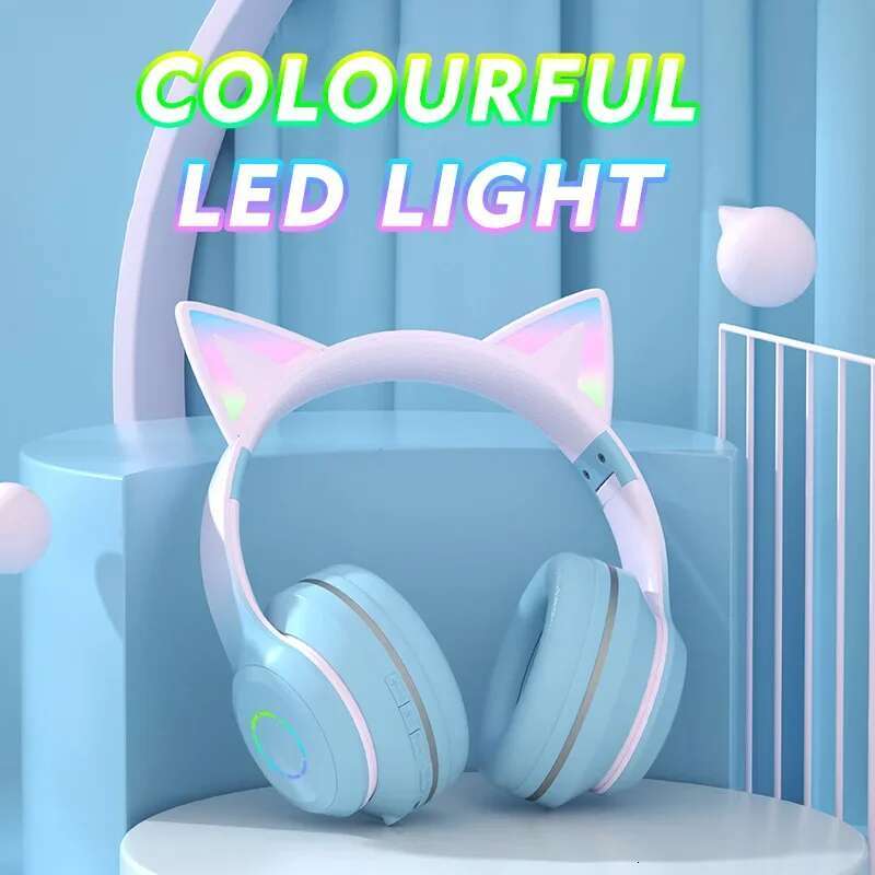 Cute Cat Light Headphones Wireless Bluetooth Earphone with HD Mic Hifi Stereo Music Gamer Headsets gifts for kids