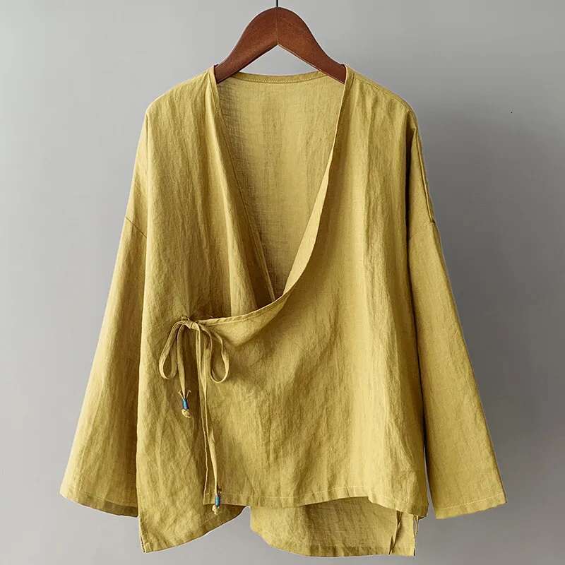 Limiguyue Cotton en Blouse Casual Slanted Collar Lace-up Cardigan Women Spring Autumn Loose Thin Shirt Clothing Literary F762