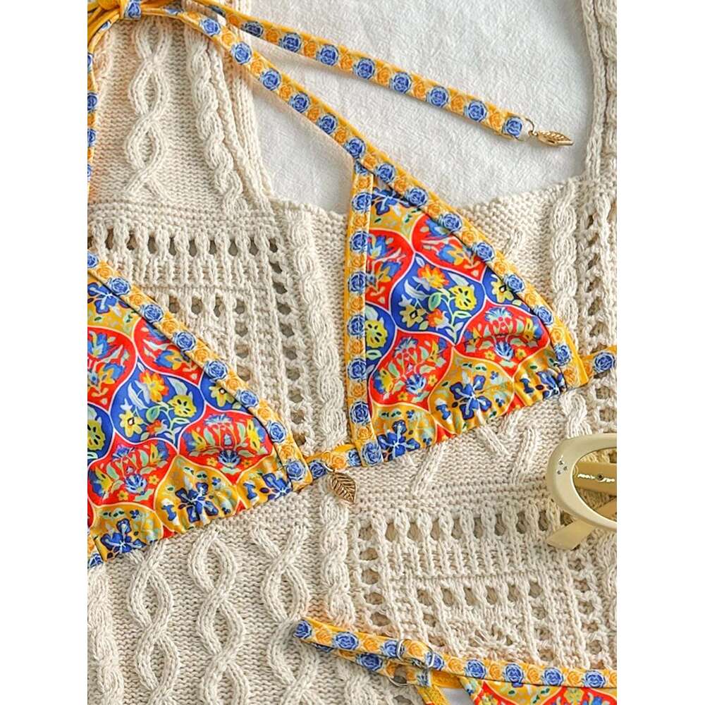 Women Yellow Bikini Set Retro Print 2 Piece Swimsuit 2025 New Triangle Halter Backless Thong Beach Swimwear Bathing Suit