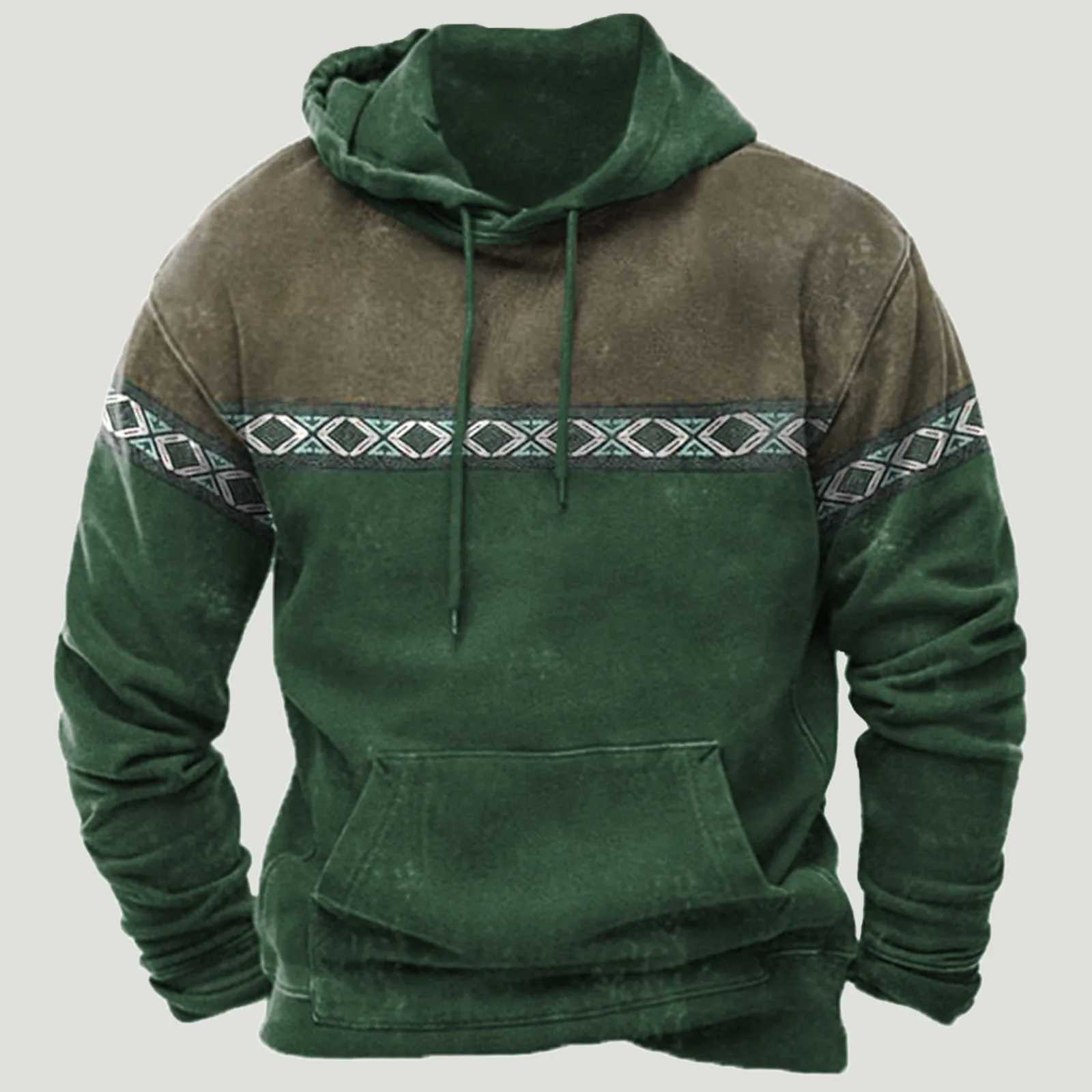 2026 Ethnic Hoodies Mens Clothing Style Patchwork Autumn Winter Fashion Casual Hooded Sweatshirts Drawstring Sweatershirt W251106