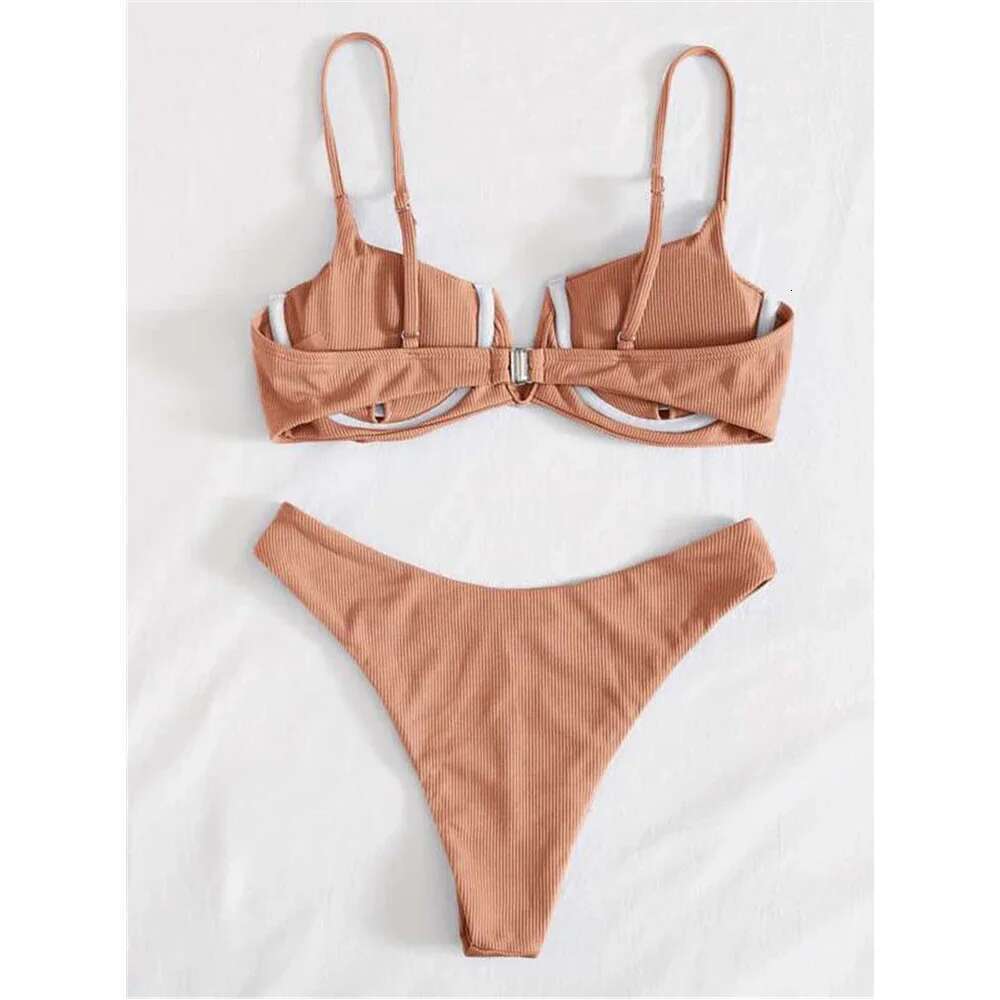 2024 Sexy Ribbed Underwired Swimsuit Women Solid Color V-neck Push Up Padded 2-piece Bikini High Cut Bathing Suit Beach Swimwear