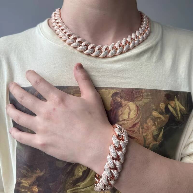 AAA Gems Silver Necklace 18mm 20mm Silver 10k/14k/18K Gold Plating Moissanite 4 Rows Prong Iced Out VVS Miami Cuban Link Chain