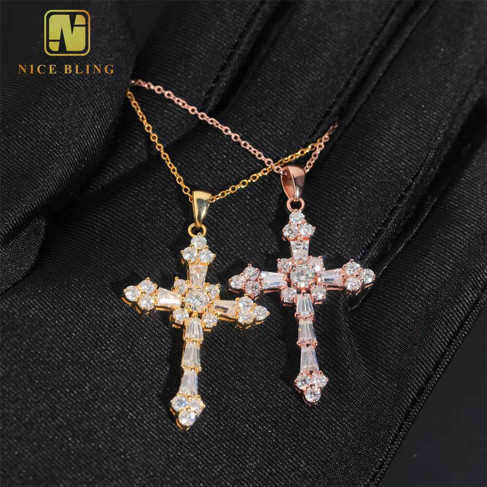 Pass Tester Classic Iced Out Hip Hop Style Link Chain 925 Silver VVS Moissanite Diamond Women Jewelry Cross Pendant Necklace