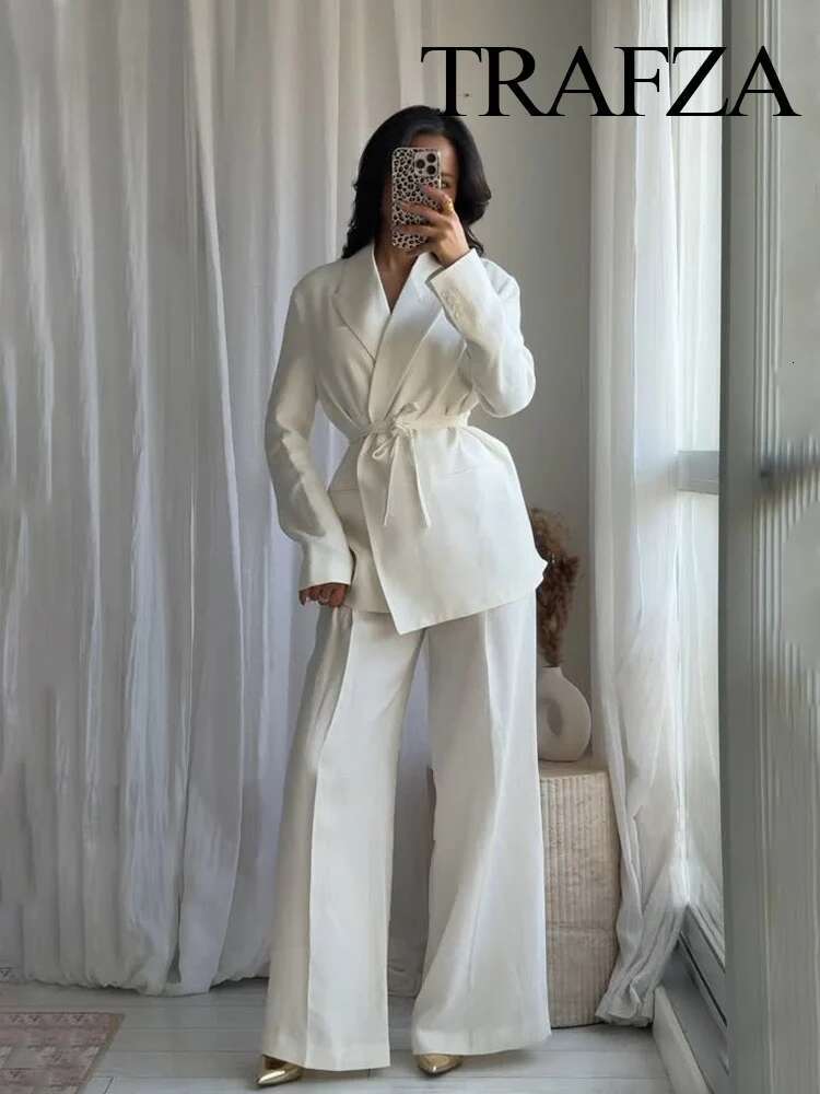 Women's Suits White Turn-Down Collar Sleeves Lace-Up Blazers+High Waist Zipper Long Pants Female Spring Fashion Sets