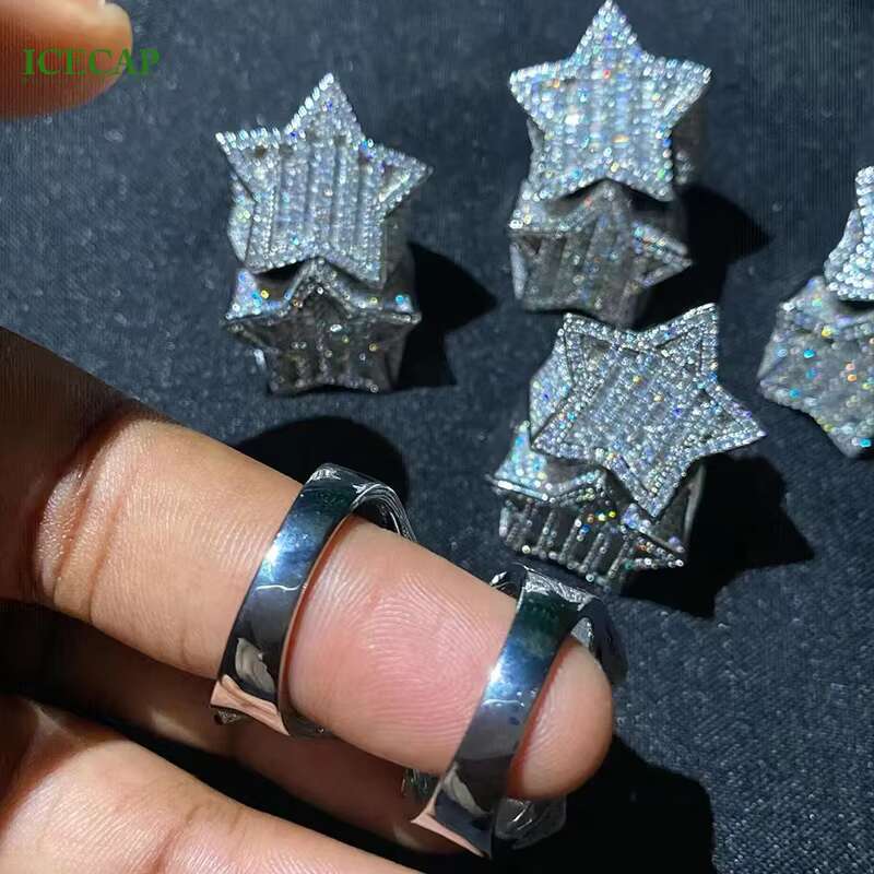 Full VVS Moissanite Hip Hop Baguette Cut Diamond 925 Silver Star Ring Men Women Luxury Party Jewelry