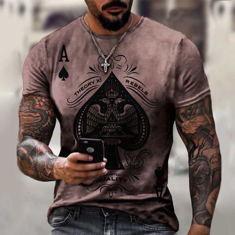 Mens T-shirt with loose and casual personality new poker card print mens top T-shirt in large size