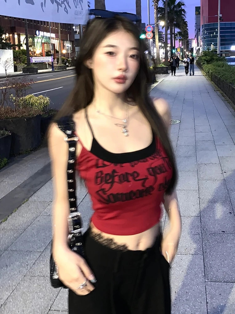 Summer sexy slim 2-piece set for women 2000s casual body print Camisol red fashionable Y2k crop top Korean suit 250402