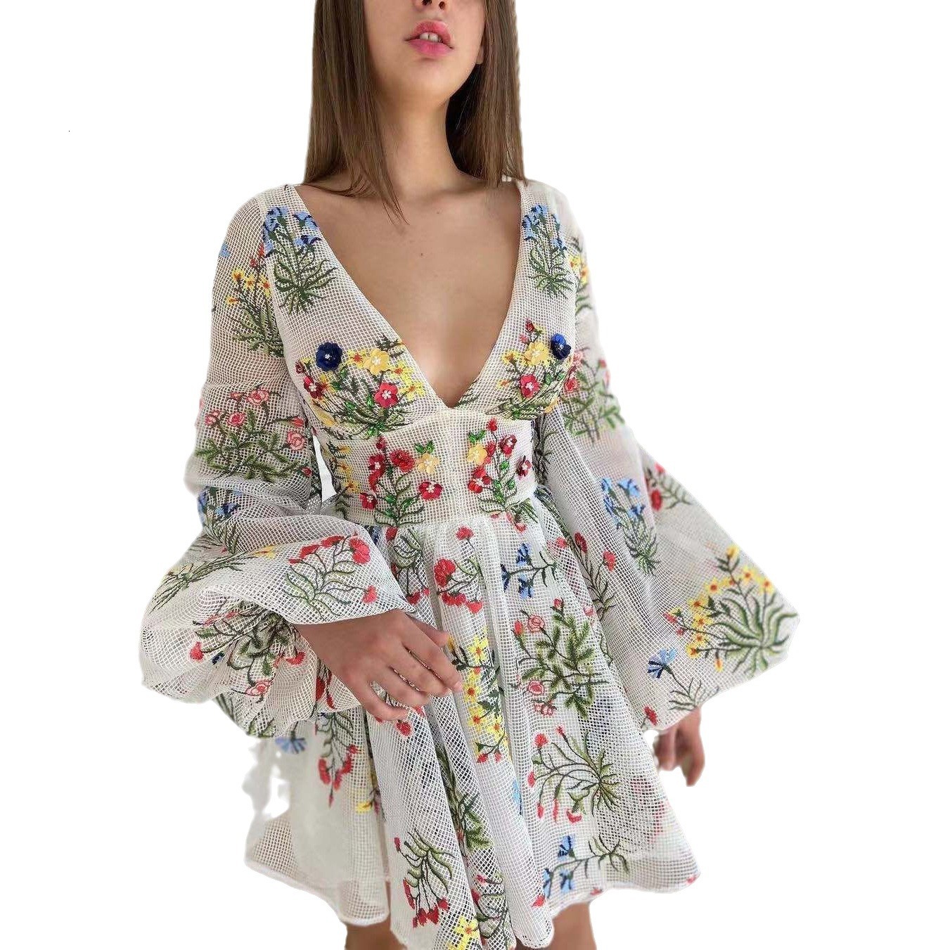 2025 Summer New Womens Mesh Embroidery Design Lantern Sleeve Fairy Dress Party Dress